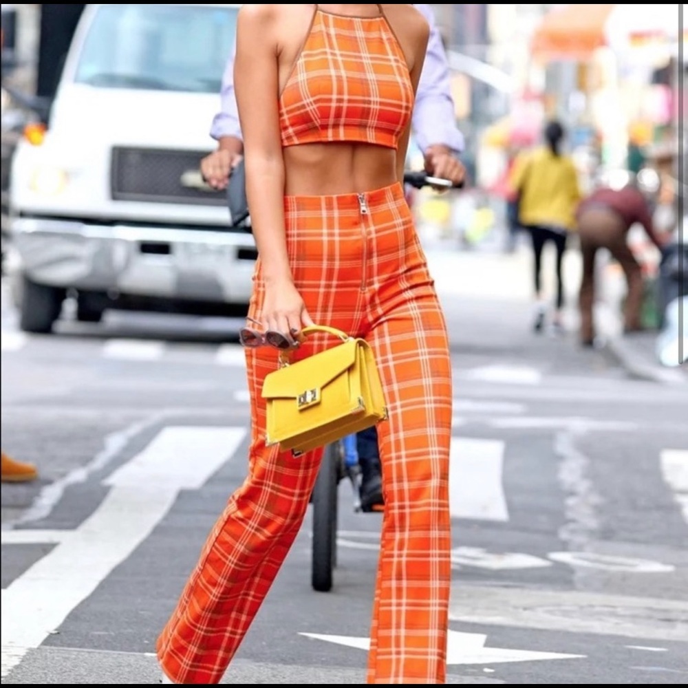 I.Am.Gia Polaris Orange Plaid trendy crop top and pants set